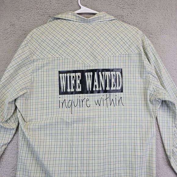 Wrangler Shirt Mens Large Tall Pearl Snap Plaid Cowboy Rodeo WIFE WANTED GAG GIF - Picture 1 of 13